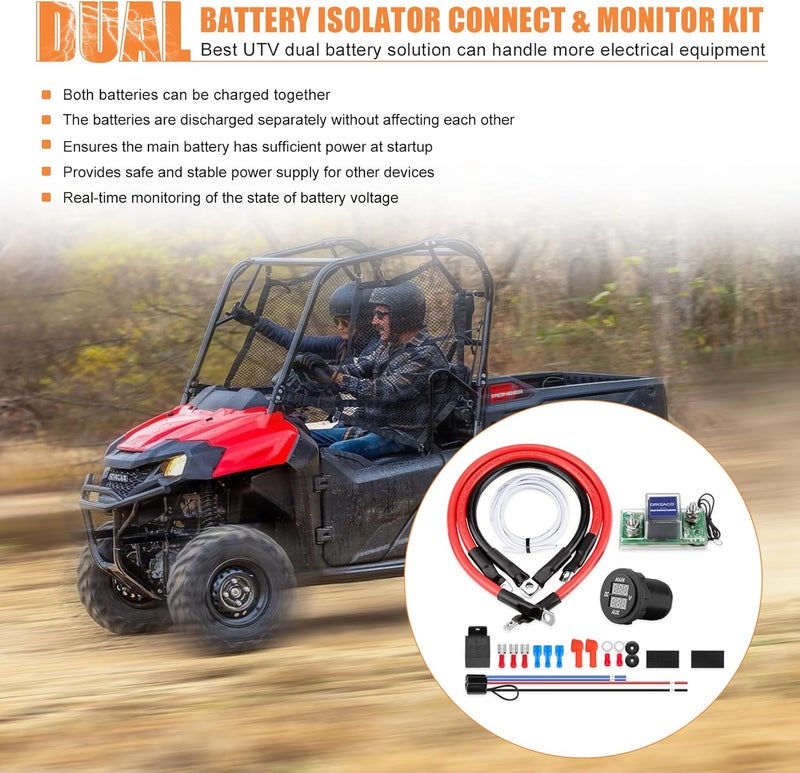 Drieaco Store 12V UTV Dual Battery Isolator Connect & Monitor Kit Fit for Honda Pioneer 1000/700/500, Replace #UTV-SBI-CM, Dual Battery Isolator Kit with LED Digital Double Voltmeter 6 Gauge Wire 12V Relay - Image 2